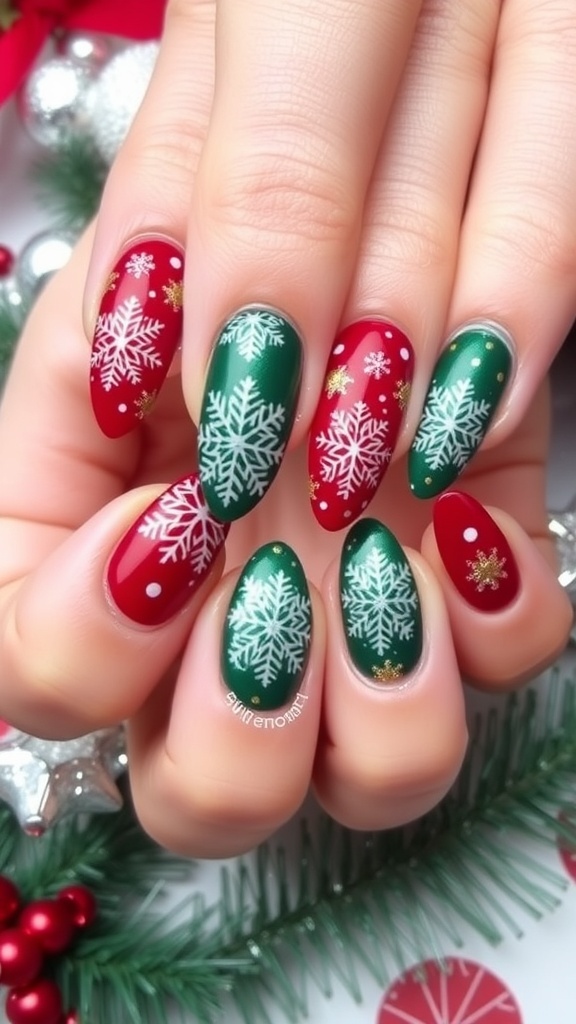 Elegant acrylic Christmas nails with red, green, and gold designs, featuring snowflakes and sparkles.